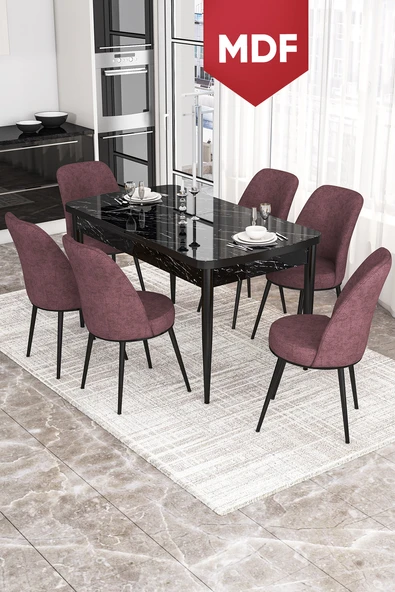 Canisa Kor Serisi 70x114 Açılabilir MDF Mutfak Masası Takımı Siyah Mermer Desen Masa 6 Gül Kurusu Sandalye ürün görseli 1