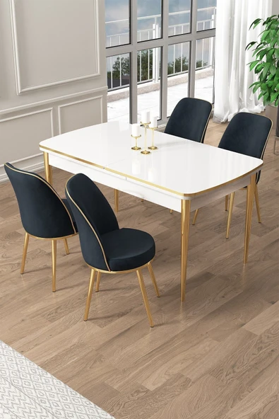 Canisa Pale Serisi 80x132 Açılabilir Beyaz Mutfak Masa Takımı 4 Antrasit Sandalye Gold Detay ürün görseli 1