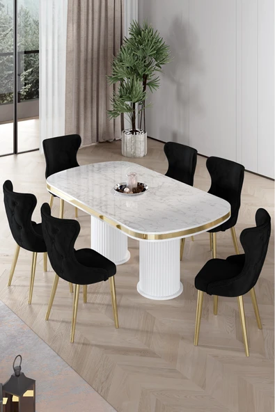 Canisa Galya Serisi Lak Panel 90x168 Sabit Beyaz Mermer Desen Mutfak Masa Takımı 6 Siyah Sandalye ürün görseli 1