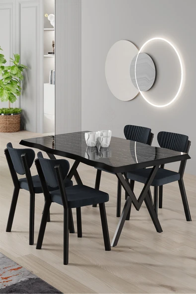Canisa Akort Serisi MDF Sabit 80x130 Siyah Mermer Desen Mutfak Masası Takımı 4 Antrasit Sandalye ürün görseli 1
