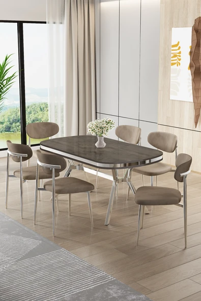 Canisa Olya Serisi 90x168 Lak Panel Antrasit İroni Masa Takımı Krom Ayaklı 6 Cappucino Sandalye ürün görseli 1