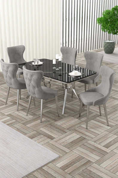 Canisa Esla Serisi 90x160 Lak Panel Sonata Krom Kaplama Ayaklı Masa Takımı ve 6 Gri Sandalye ürün görseli 1
