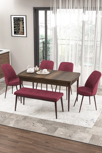 Canisa Zen Serisi 80x132 Mdf Açılabilir Barok Ahşap Desen Masa Takımı 4 Bordo Sandalye Ve 1 Bench ürün görseli 1