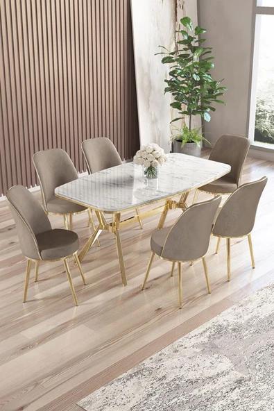 Canisa Lena Serisi 90x160 Lak Panel Beyaz Mermer Desen Gold Ayaklı Masa Takımı ve 6 Cappucino Sandalye ürün görseli 1
