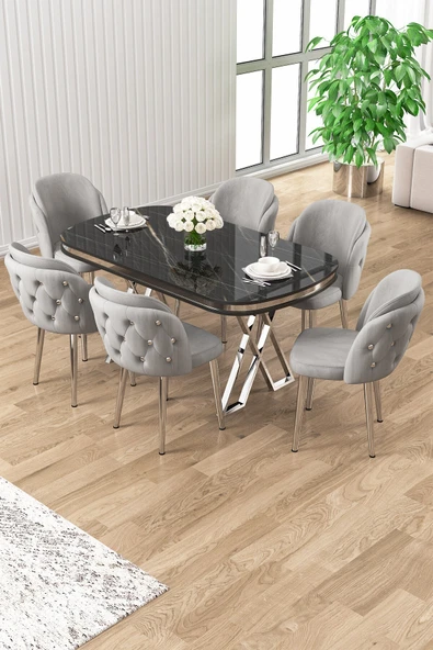 Canisa Zae Serisi 90x168 Lak Panel Siyah Mermer Desen Masa Takımı Krom Ayaklı 6 Gri Sandalye ürün görseli 1