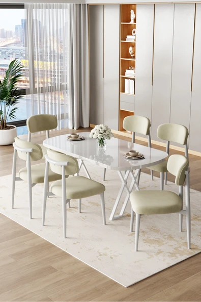 Canisa Jolin Serisi Mdf 90x168 Beyaz Mutfak Masa Takımı 6 Krem Metal Sandalye ürün görseli 1