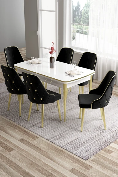 Canisa Tia Serisi 80x132 Açılabilir Mdf Mutfak Masası Takımı Beyaz Masa Gold Detay 6 Siyah Sandalye ürün görseli 1
