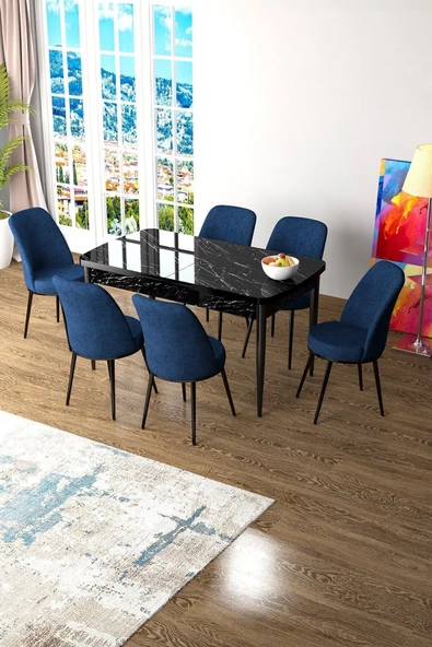 Canisa Concept Zen Serisi 80x132 Mdf Açılabilir Siyah Mermer Desen Masa Takımı Ve 6 Lacivert Sandalye ürün görseli 1