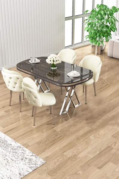 Canisa Zae Serisi 90x168 Lak Panel Antrasit Ironi Krom Ayak Masa Takımı 4 Krem Sandalye ürün görseli 1