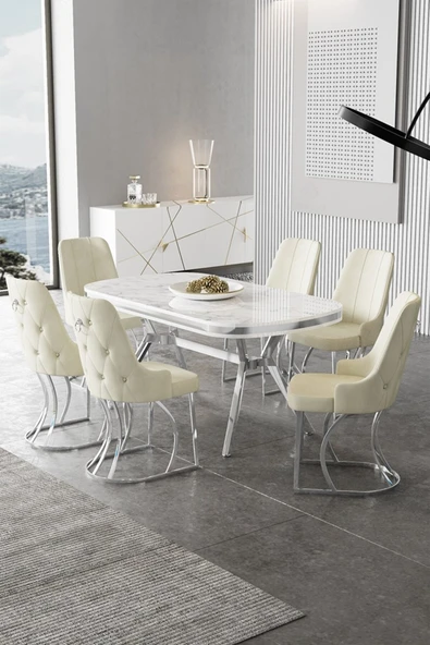 Canisa Epal Serisi 90x168 Lak Panel Beyaz Mermer Desen Masa Takımı Krom Ayaklı 6 Krem Sandalye ürün görseli 1
