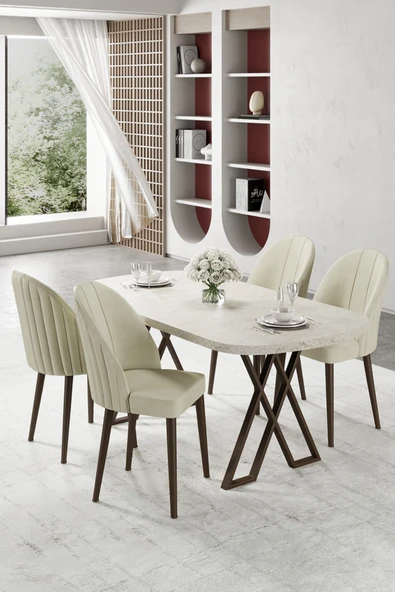 Canisa Kaye Serisi Mdf 90x168 Traverten Mutfak Masası Takımı 4 Krem Sandalye ürün görseli 1