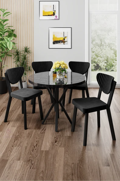 Canisa Agnes Serisi 90x90 Yuvarlak Siyah Mermer Desen Masa Takımı ve 4 Siyah Sandalye ürün görseli 1