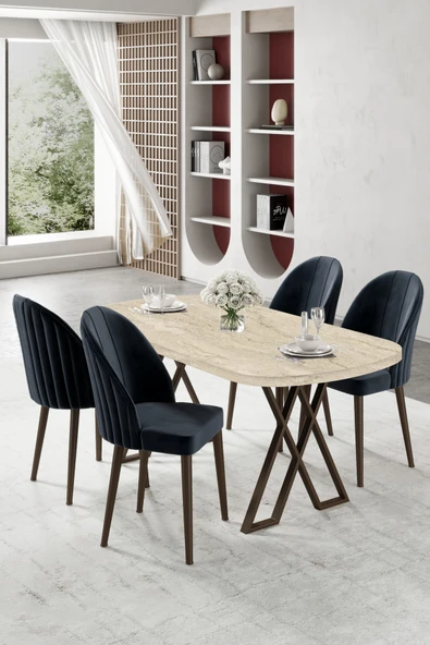 Canisa Kaye Serisi Mdf 90x168 Traverten Mutfak Masası Takımı 4 Siyah Sandalye ürün görseli 1