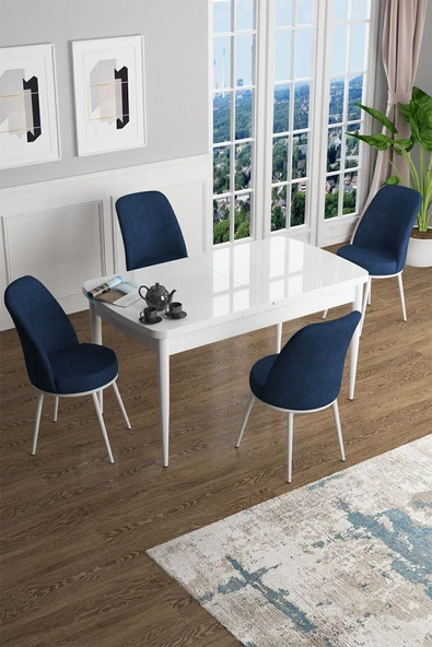 Canisa Han Serisi 70x114 Açılabilir Mdf Mutfak Masası Takımı Beyaz Masa 4 Lacivert Sandalye ürün görseli 1