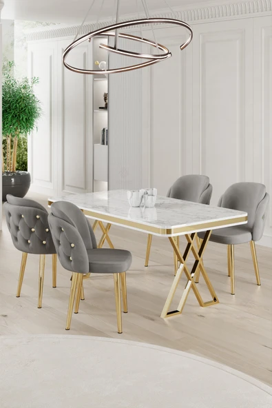 Canisa Rigel Serisi 80x130 Lak Panel Beyaz Mermer Desen Masa Takımı Gold Ayaklı 4 Gri Sandalye ürün görseli 1