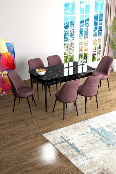 Canisa Han Serisi 70x114 Açılabilir Mdf Mutfak Masası Takımı Siyah Mermer Desen Masa 6 Gül Kurusu Sandalye ürün görseli 1