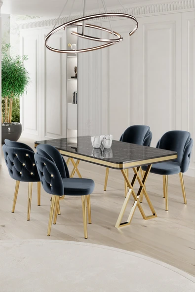Canisa Rigel Serisi 80x130 Lak Panel Siyah Mermer Desen Masa Takımı Gold Ayaklı 4 Antrasit Sandalye ürün görseli 1