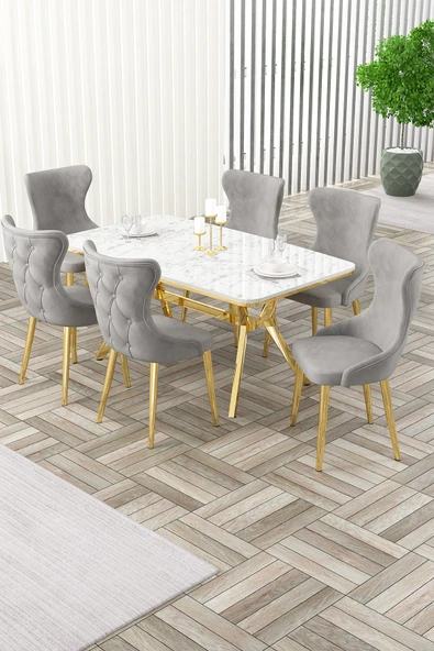 Canisa Esla Serisi 90x160 Lak Panel Beyaz Mermer Desen Gold Kaplama Ayaklı Masa Takımı ve 6 Gri Sandalye ürün görseli 1