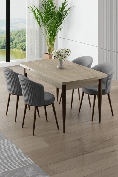 Canisa Asfel Serisi MDF 77x130 Traverten Yandan Açılabilir Mutfak Masası Takımı 4 Gri Sandalye ürün görseli 1