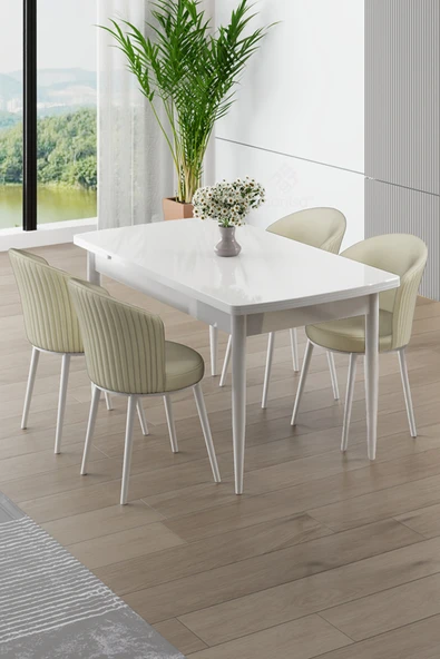Canisa Asfel Serisi MDF 77x130 Beyaz Yandan Açılabilir Mutfak Masa Takımı 4 Krem Sandalye ürün görseli 1