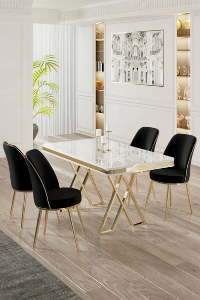 Canisa Vals Serisi 80x130 Lak Panel Beyaz Mermer Desen Masa Takımı Gold Ayaklı 4 Siyah Sandalye ürün görseli 1