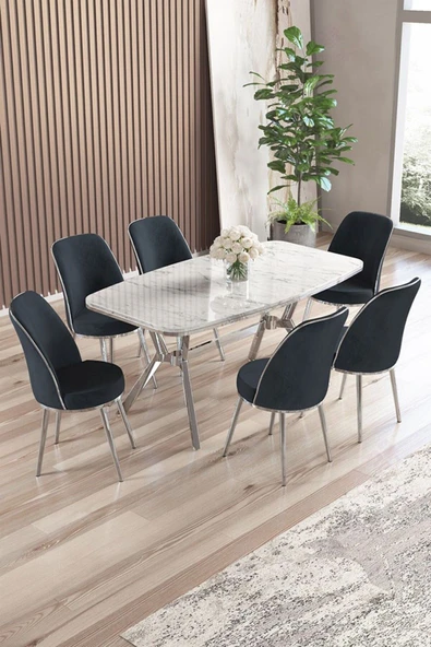 Canisa Lena Serisi 90x160 Lak Panel Beyaz Mermer Desen Krom Ayaklı Masa Takımı ve 6 Antrasit Sandalye ürün görseli 1