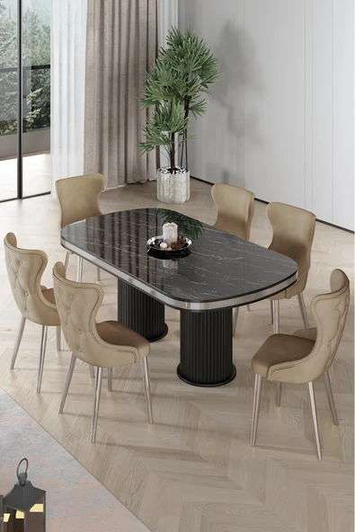 Canisa Galya Serisi Lak Panel 90x168 Sabit Sonata Mutfak Masa Takımı 6 Cappucino Sandalye ürün görseli 1