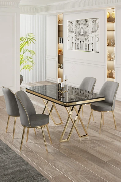 Canisa Vals Serisi 80x130 Lak Panel Siyah Mermer Desen Masa Takımı Gold Ayaklı 4 Gri Sandalye ürün görseli 1