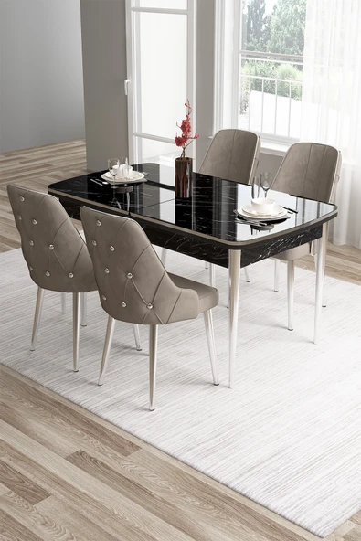 Canisa Tia Serisi 80x132 Mdf Açılabilir Siyah Mermer Desen Krom Detay Masa Takımı Ve 4 Cappucino Sandalye ürün görseli 1
