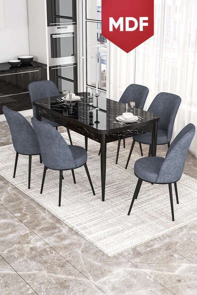 Canisa Kor Serisi, Siyah Mermer Desen 70x114 Açılabilir MDF Yemek Masası Takımı, 6 Sandalye ürün görseli 1