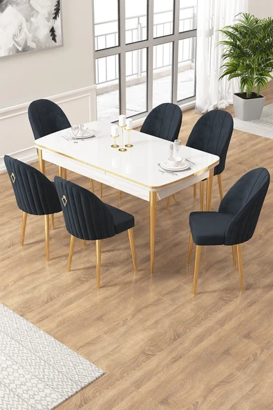 Canisa Edaf Serisi 80x132 Açılabilir Beyaz Mutfak Masa Takımı 6 Antrasit Sandalye Gold Detay ürün görseli 1