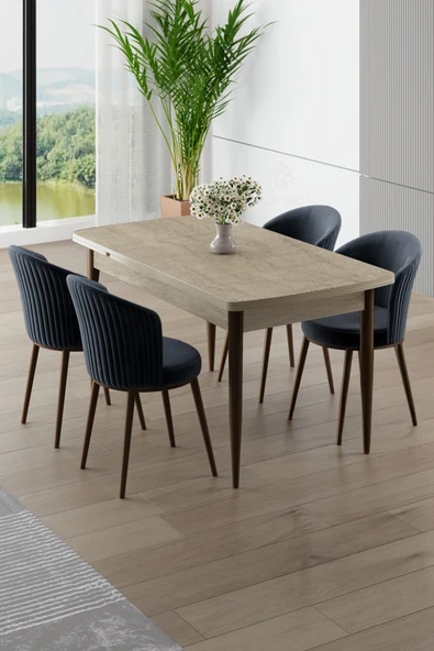 Canisa Asfel Serisi MDF 77x130 Traverten Yandan Açılabilir Mutfak Masası Takımı 4 Antrasit Sandalye ürün görseli 1