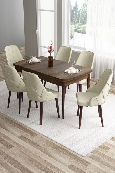 Canisa Tia Serisi 80x132 Mdf Açılabilir Barok Ahşap Desen Gold Detay Masa Takımı Ve 6 Krem Sandalye ürün görseli 1