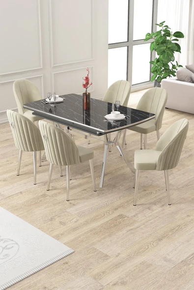 Canisa Sim Serisi 89x150 Açılabilir Lak Panel Siyah Mermer Krom Ayak Masa Takımı ve 6 Krem Sandalye ürün görseli 1