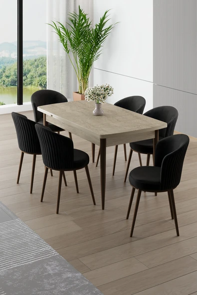 Canisa Asfel Serisi MDF 77x130 Traverten Yandan Açılabilir Mutfak Masası Takımı 6 Siyah Sandalye ürün görseli 1
