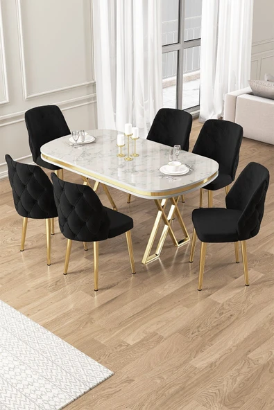 Canisa Afe Serisi 90x168 Lak Panel Beyaz Mermer Desen Gold Ayak Masa Takımı 6 Siyah Sandalye ürün görseli 1
