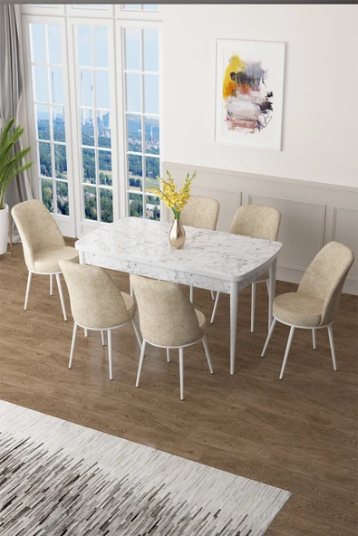 Canisa Zen Serisi 80x132 Mdf Açılabilir Beyaz Mermer Desen Masa Takımı Ve 6 Krem Sandalye ürün görseli 1
