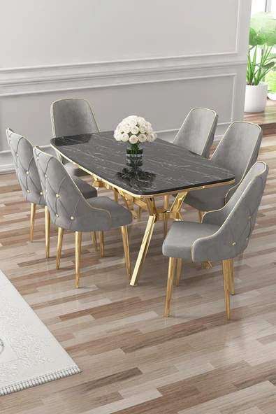 Canisa Asel Serisi 90x160 Lak Panel Siyah Mermer Desen Gold Detay Masa Takımı ve 6 Gri Sandalye ürün görseli 1