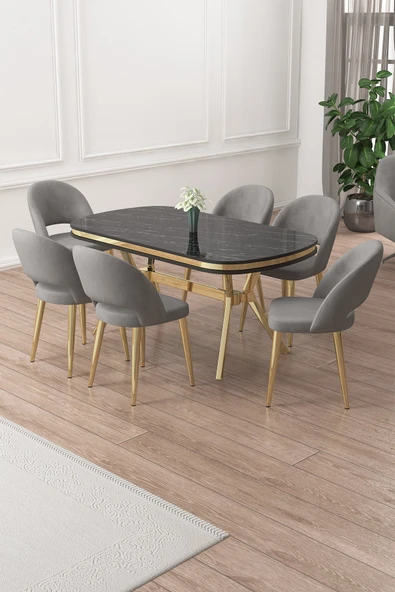 Canisa Jita Serisi 90x168 Lak Panel Siyah Mermer Gold Ayak Masa Takımı ve 6 Gri Sandalye ürün görseli 1
