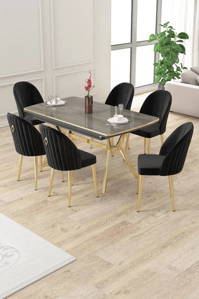Canisa Sim Serisi 89x150 Açılabilir Lak Panel Antrasit Ironi Gold Ayak Masa Takımı Ve 6 Siyah Sandalye ürün görseli 1