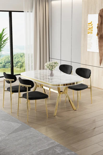 Canisa Olya Serisi 90x168 Lak Panel Beyaz Mermer Desen Masa Takımı Gold Ayaklı 4 Siyah Sandalye ürün görseli 1