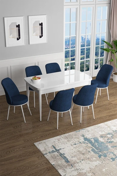 Canisa Han Serisi 70x114 Açılabilir Mdf Mutfak Masası Takımı Beyaz Masa 6 Lacivert Sandalye ürün görseli 1