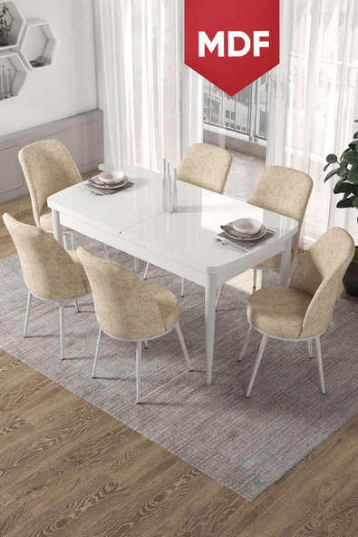 Canisa Kor Serisi 70x114 Açılabilir MDF Mutfak Masası Takımı Beyaz Masa 6 Krem Sandalye ürün görseli 1