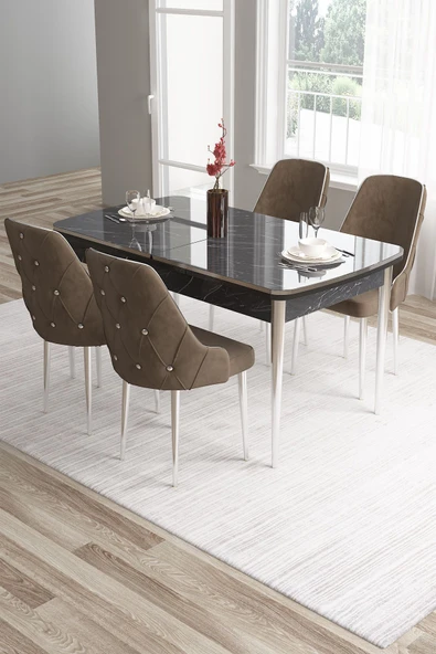 Canisa Tia Serisi 80x132 Açılabilir Mdf Siyah Mermer Desen Krom Detay Masa Takımı Ve 4 Kahverengi Sandalye ürün görseli 1