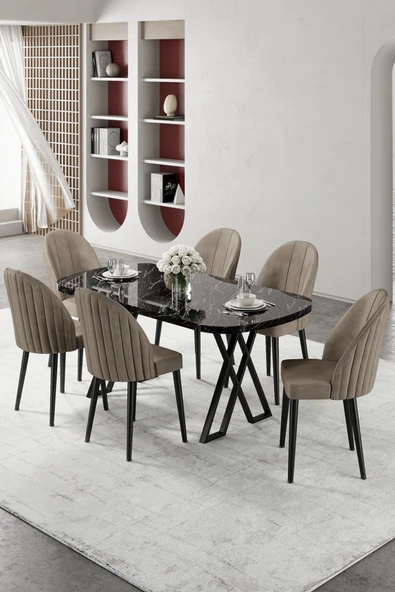 Canisa Kaye Serisi Mdf 90x168 Siyah Mermer Desen Mutfak Masası Takımı 6 Cappucino Sandalye ürün görseli 1