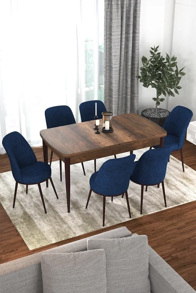 Canisa Kor Serisi 70x114 Açılabilir Mutfak Masası Takımı Barok Desen Masa 6 Lacivert Sandalye ürün görseli 1