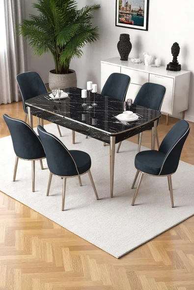 Canisa Nira Serisi 70x114 Mdf Siyah Mermer Desen Mutfak Masa Takımı 6 Antrasit Sandalye Krom Detay ürün görseli 1