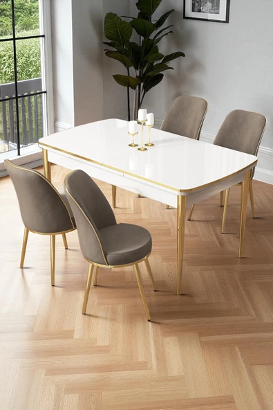 Canisa Nira Serisi 70x114 Mdf Açılabilir Beyaz Mutfak Masa Takımı 4 Cappucino Sandalye Gold Detay ürün görseli 1