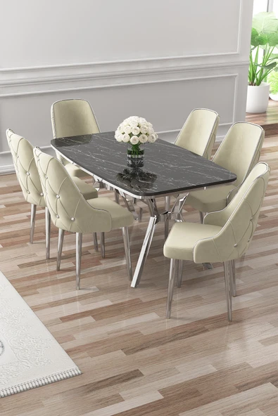 Canisa Asel Serisi 90x160 Lak Panel Siyah Mermer Desen Krom Detay Masa Takımı ve 6 Krem Sandalye ürün görseli 1