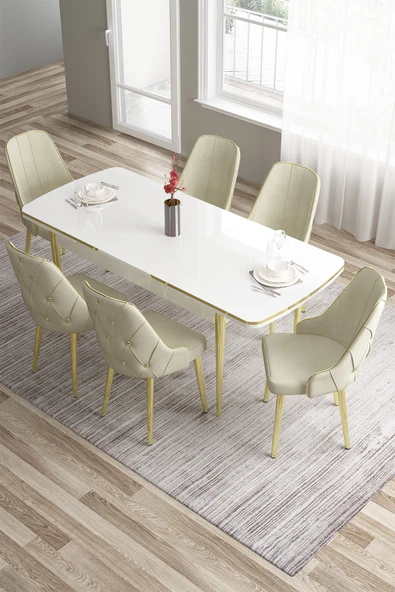 Canisa Tia Serisi 80x132 Açılabilir Mdf Beyaz Gold Detay Mutfak Masası Takımı Ve 6 Krem Sandalye ürün görseli 1